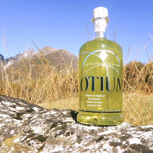 Licor de otium elaborado con hierba luisa y hojas de laurel